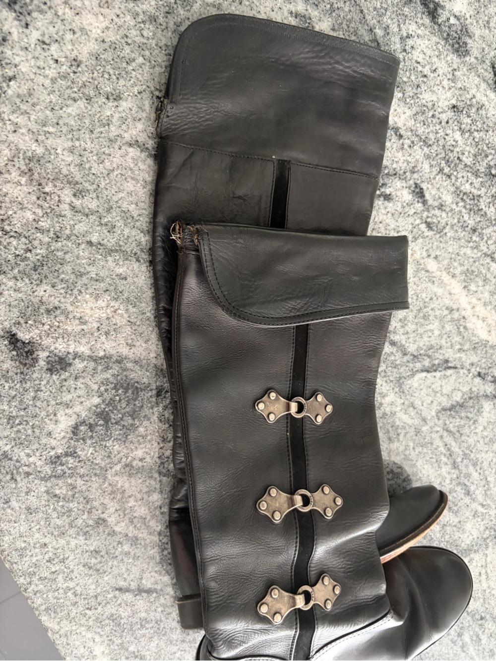 Frye Black Leather Over-the-Knee Boots with Metal Hook Accents